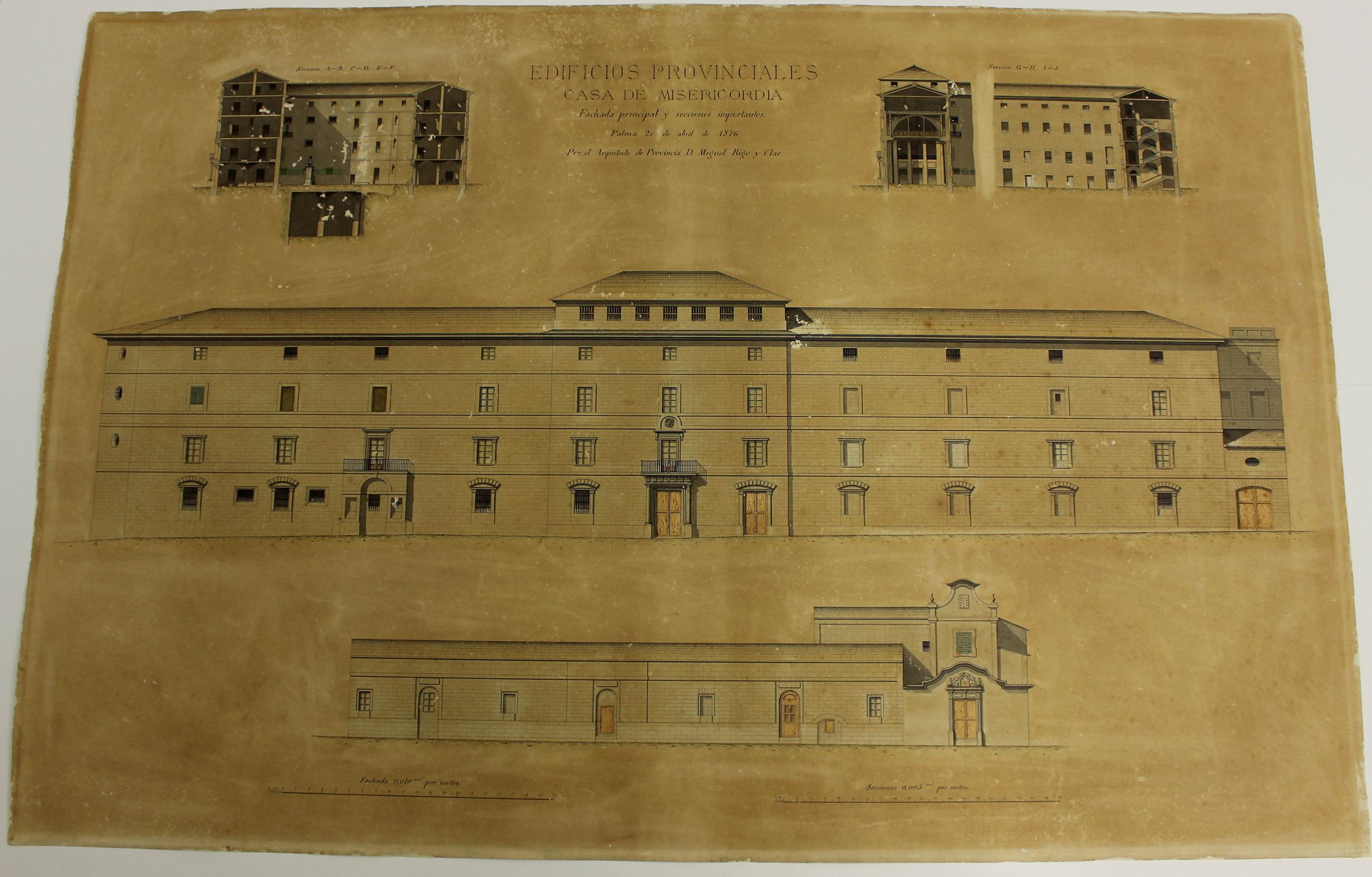 Façana del carrer de la Misericòrdia: plànol de la façana principal i seccions importants, Miquel Rigo, 1876 (AGCM III-347/15)