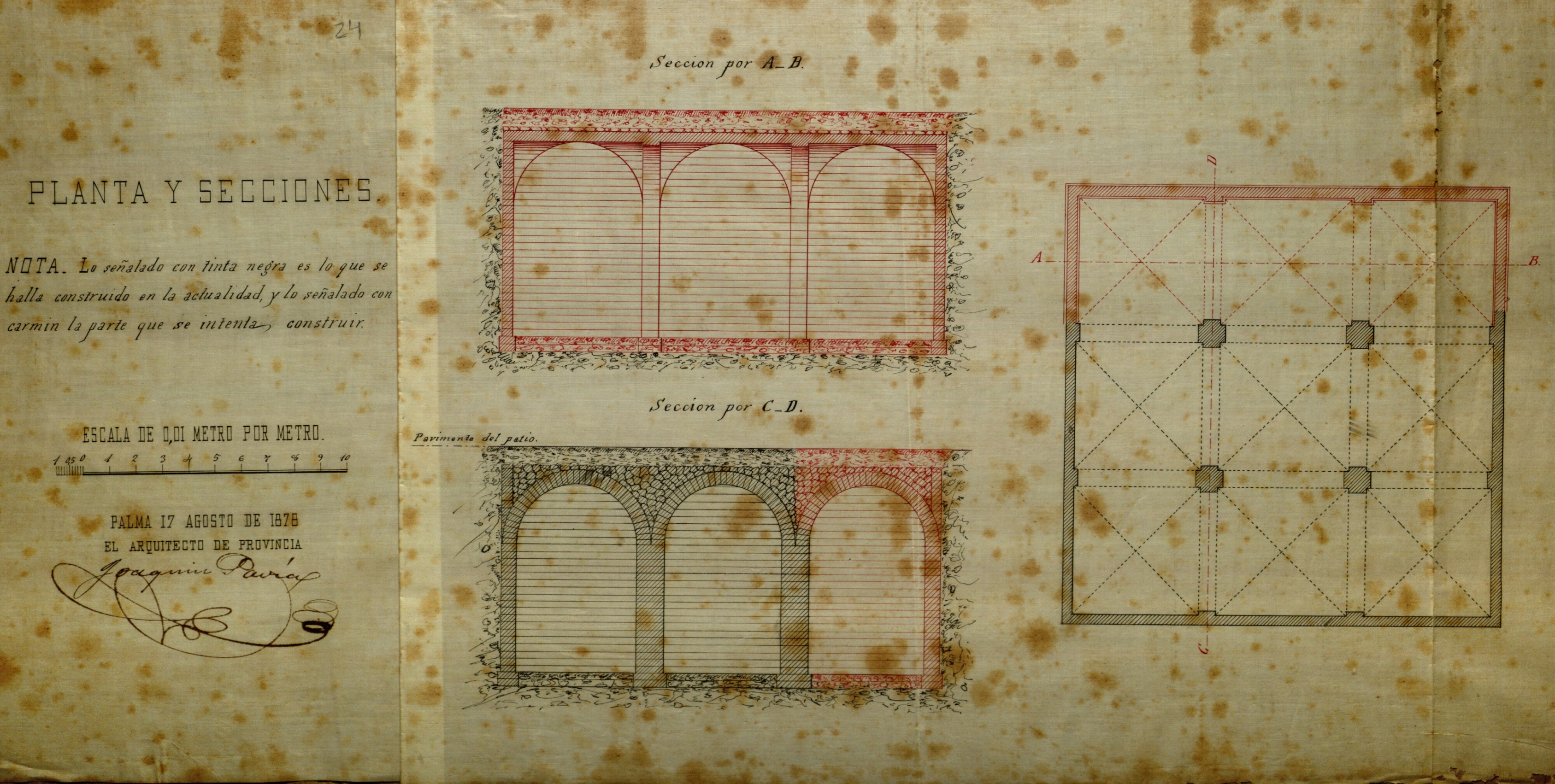 Aljub de la Misericòrdia: detall del plànol del projecte de construcció de l’aljub, Joaquim Pavía, 1878 (AGCM V-694/2)