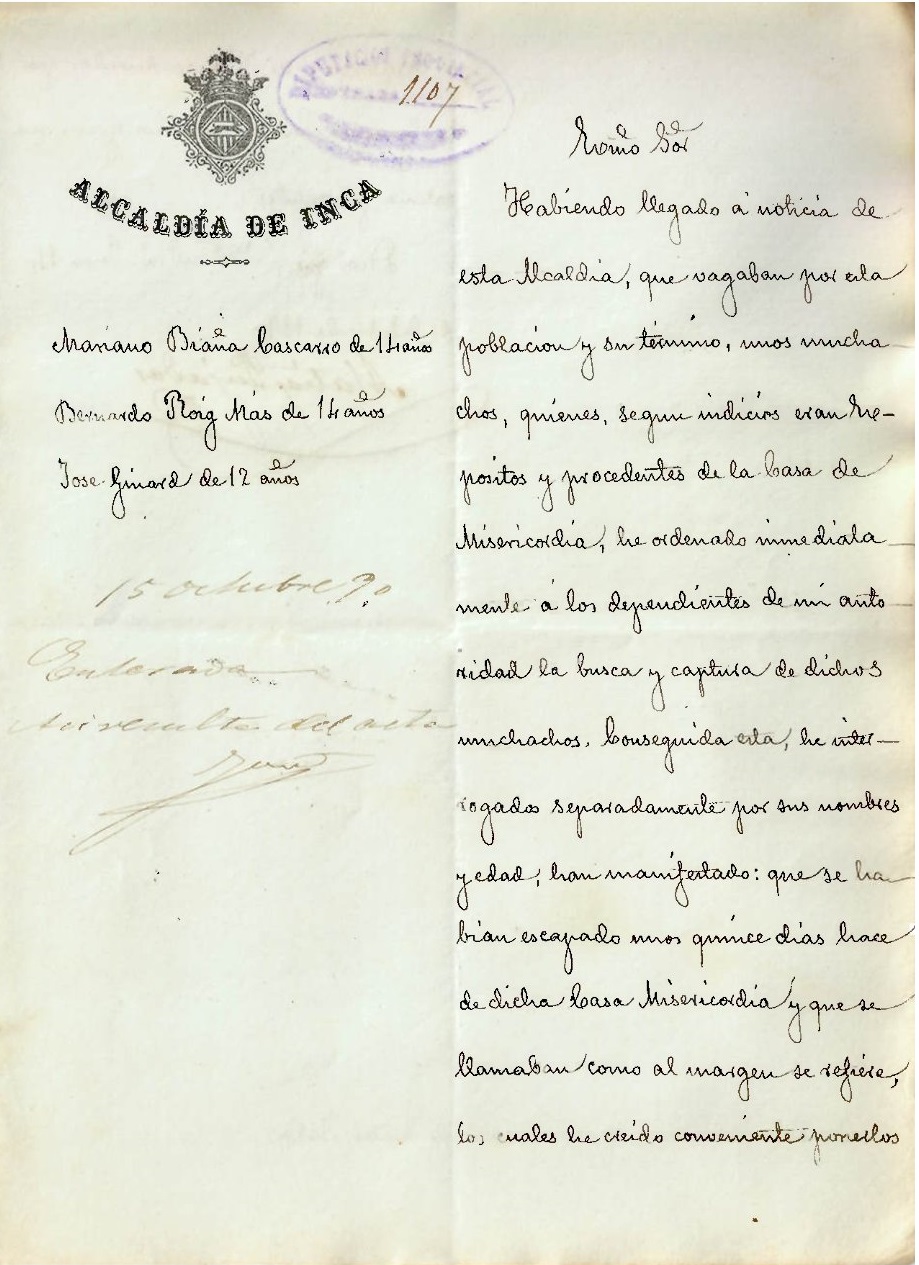 Casa de Misericòrdia: el batle d’Inca fa retornar a la Casa de Misericòrdia un grup d’infants asilats fugats d’aquesta institució, 1890 (AGCM X-101/33)