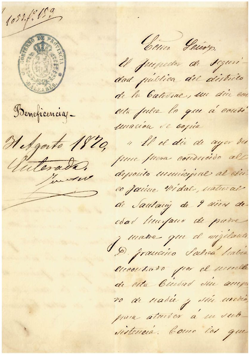 Casa de Misericòrdia: document d’un expedient d’ingressos a la Casa de Misericòrdia, un infant de nou anys, orfe, localitzat al moll de Palma, 1870 (AGCM VI-962/10)