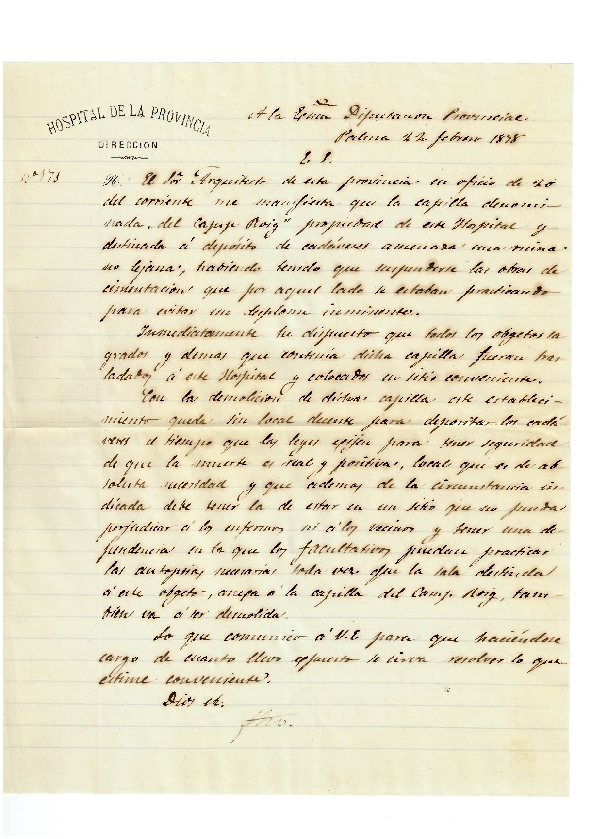Cementiri i oratori del Camp Roig: informe sobre la ruïna de l’oratori del Camp Roig, utilitzada per l’Hospital General com a dipòsit de cadàvers, 1878 (AGCM VII-53/63)