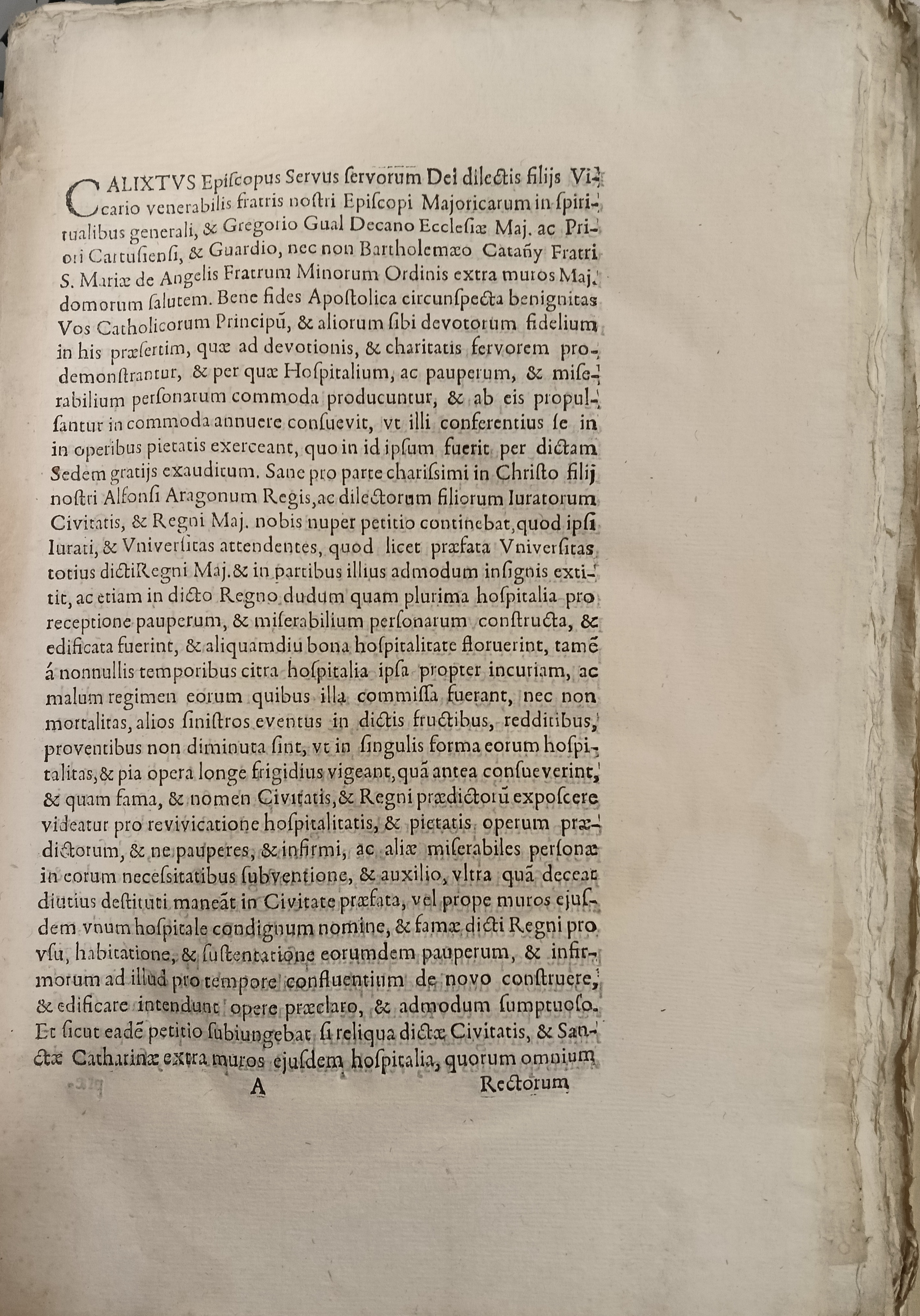 Hospital General: exemplar imprès de la butlla de Calixt III sobre la creació de l’Hospital General (AGCM III-336/4)
