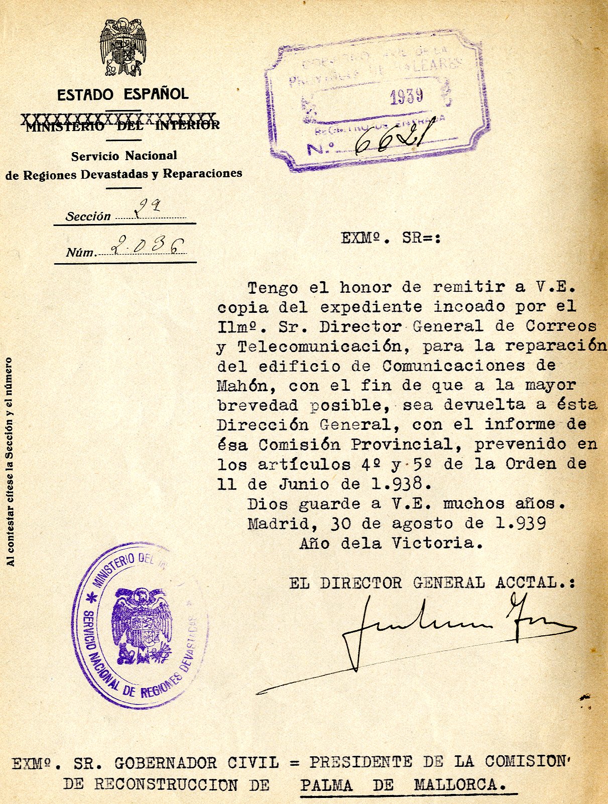 XII-729/3 Sol·licitud del director general de Correus i Comunicacions per a la reparació de l'edifici de Comunicacions de Maó